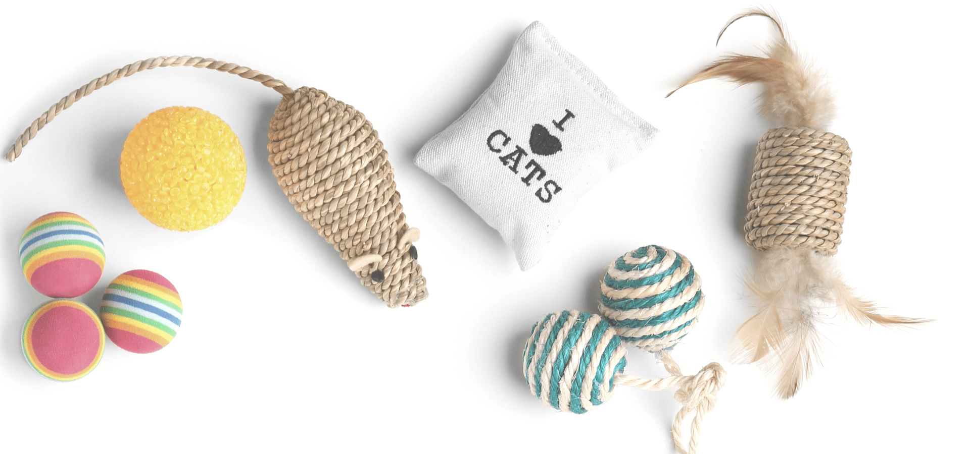 A variety of cat toys on a white background including a small packet that reads "I (heart) cats"