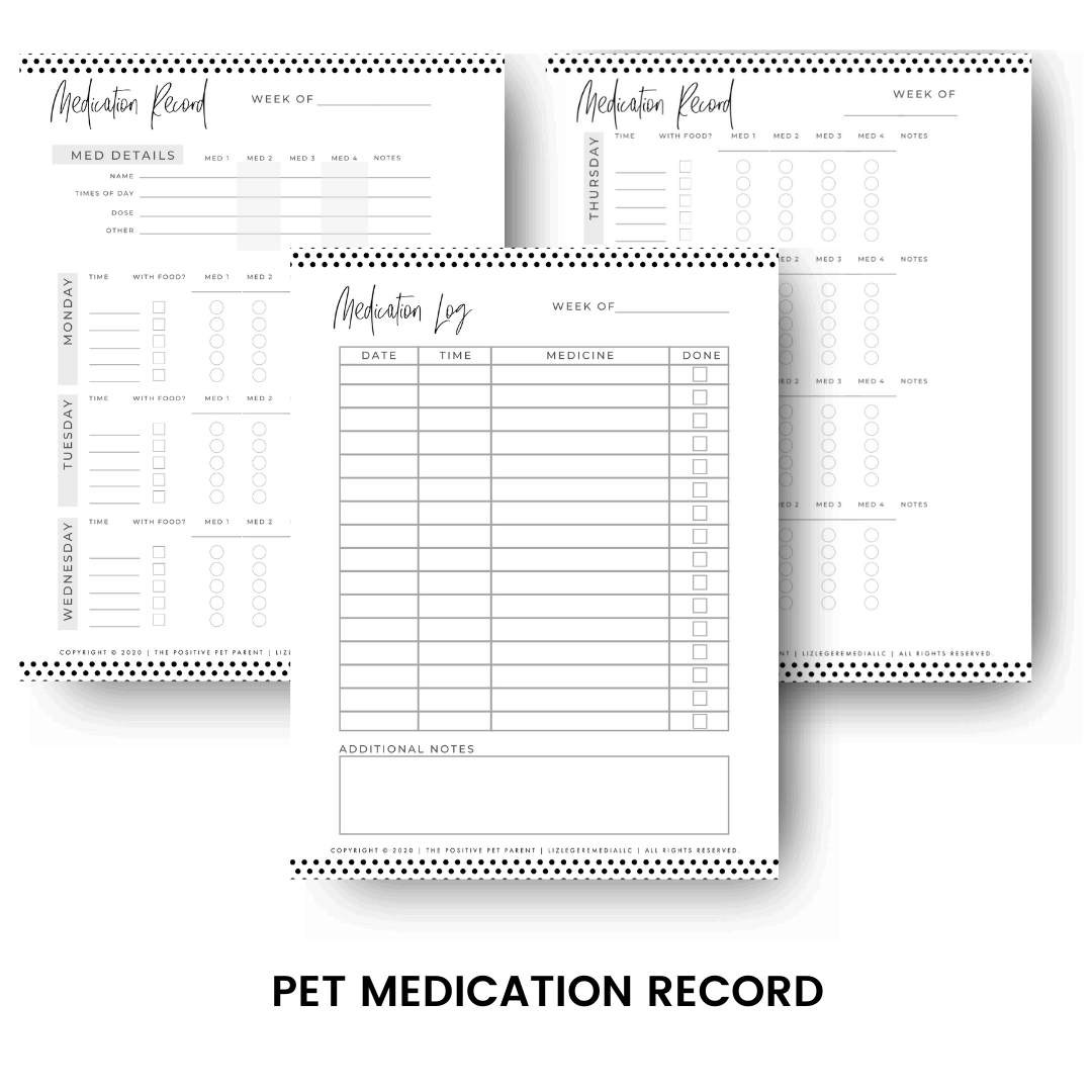 Medication record side by side and medication log on top: Pet medication record