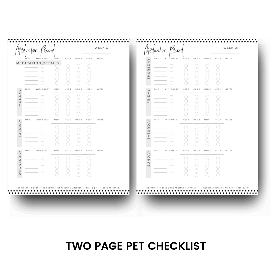 Medication Record two pages side by side: Two page pet checklist